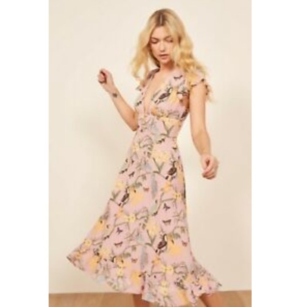 REFORMATION CONGA PINK FLORAL BUTTERFLY PRINT RIEGAN RUFFLE MIDI DRESS XS 2